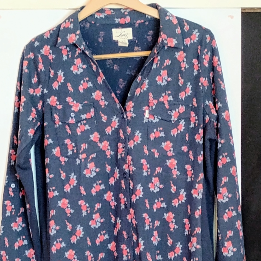 Levi Strauss Women's XL Dark Blue/Rose Print LS Snap Shirt w/Pockets